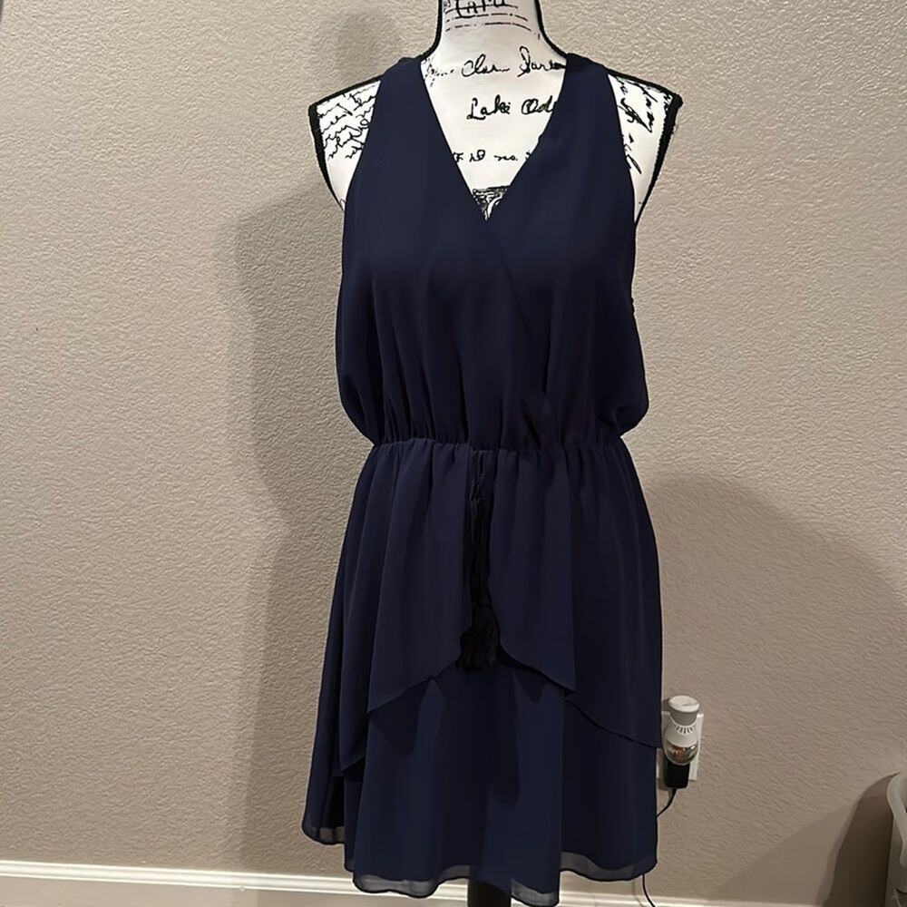 BCBG Generation Deep Neckline Blue chiffon blue open back cutout mini dress sz L
